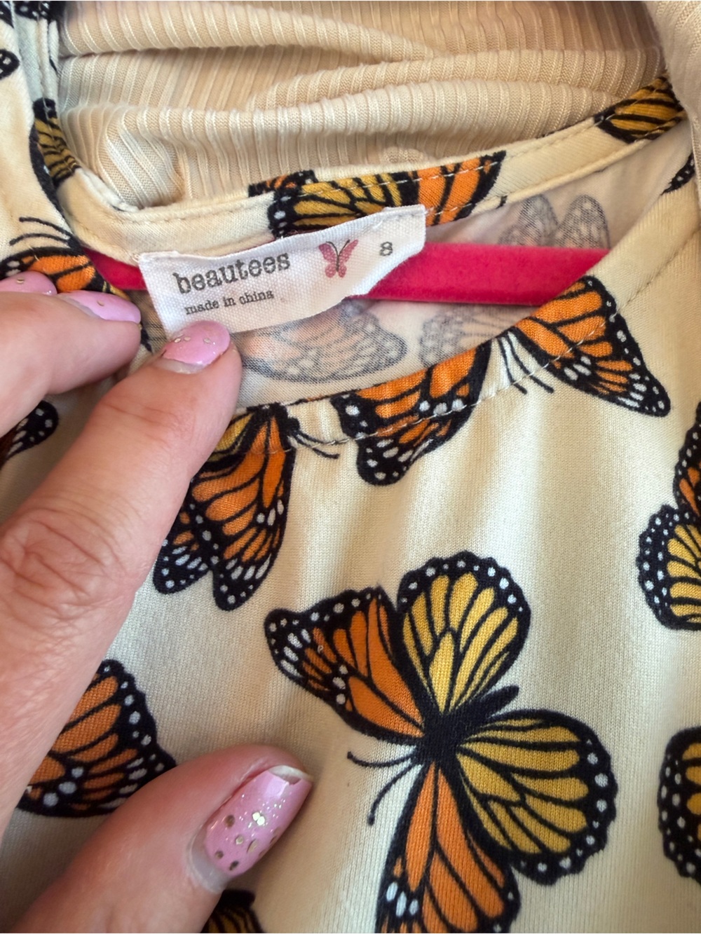 Girls Beautees Cream Spring Dress with Orange Butterfly Print and cropped top - Picture 2 of 3